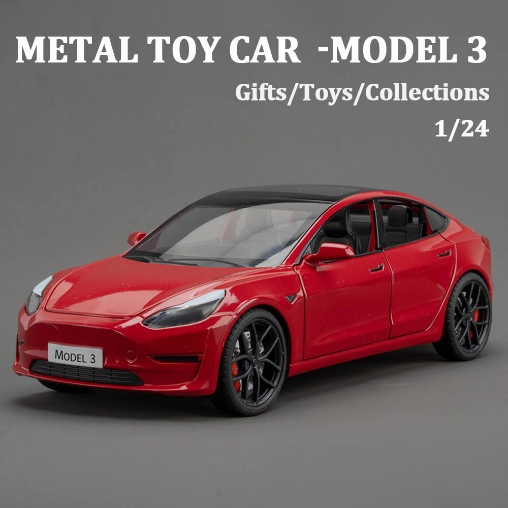 1/24 Scale Diecast Car Model 3, Alloy Diecast Toy Cars Pull Back Toys with Sound & Light, Vehicles Toys for Kids Gift Car Lovers Collection (1/24 Model 3 -Red)