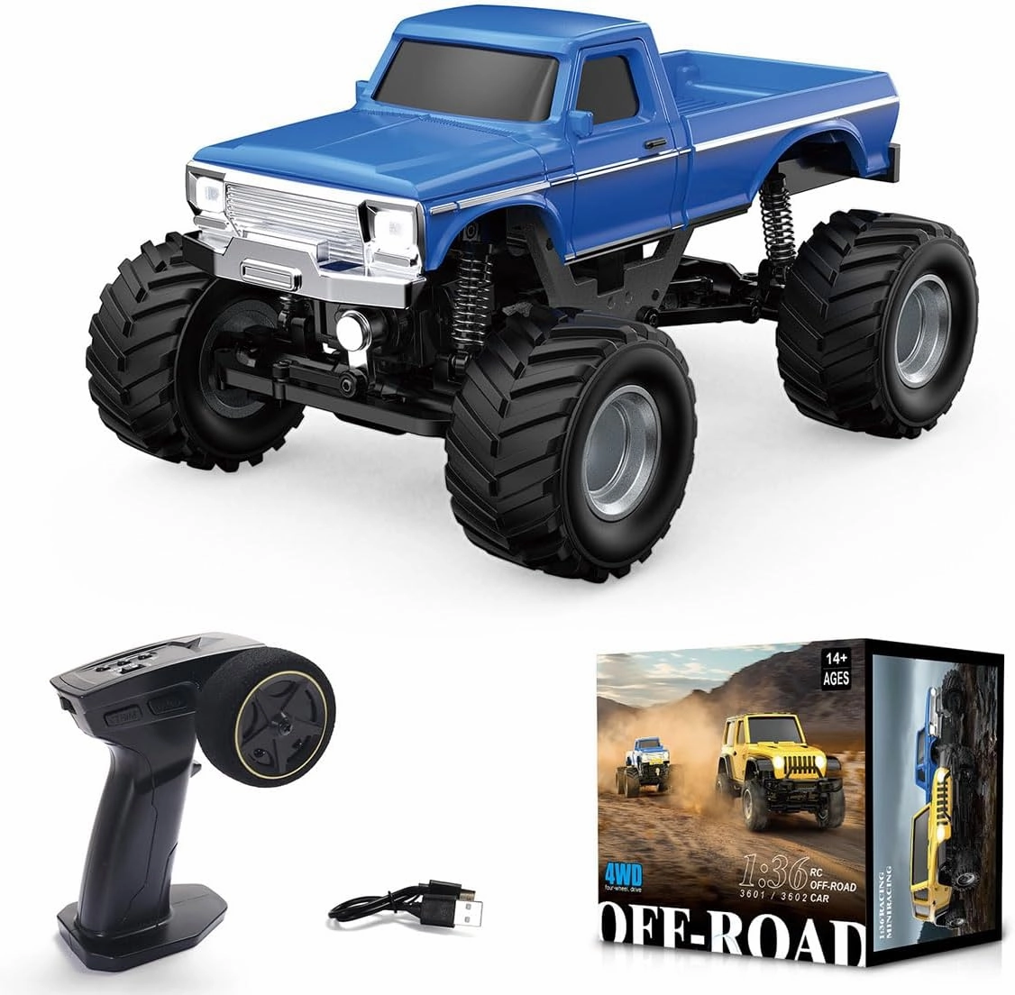 1/36 Scale RC Off-Road Car Model, 2.4G 4WD Full Proportional RC Truck with Realistic LED Lights, RC Vehicle Long Battery Life, Gifts for Adults, Kids (RTR Version)