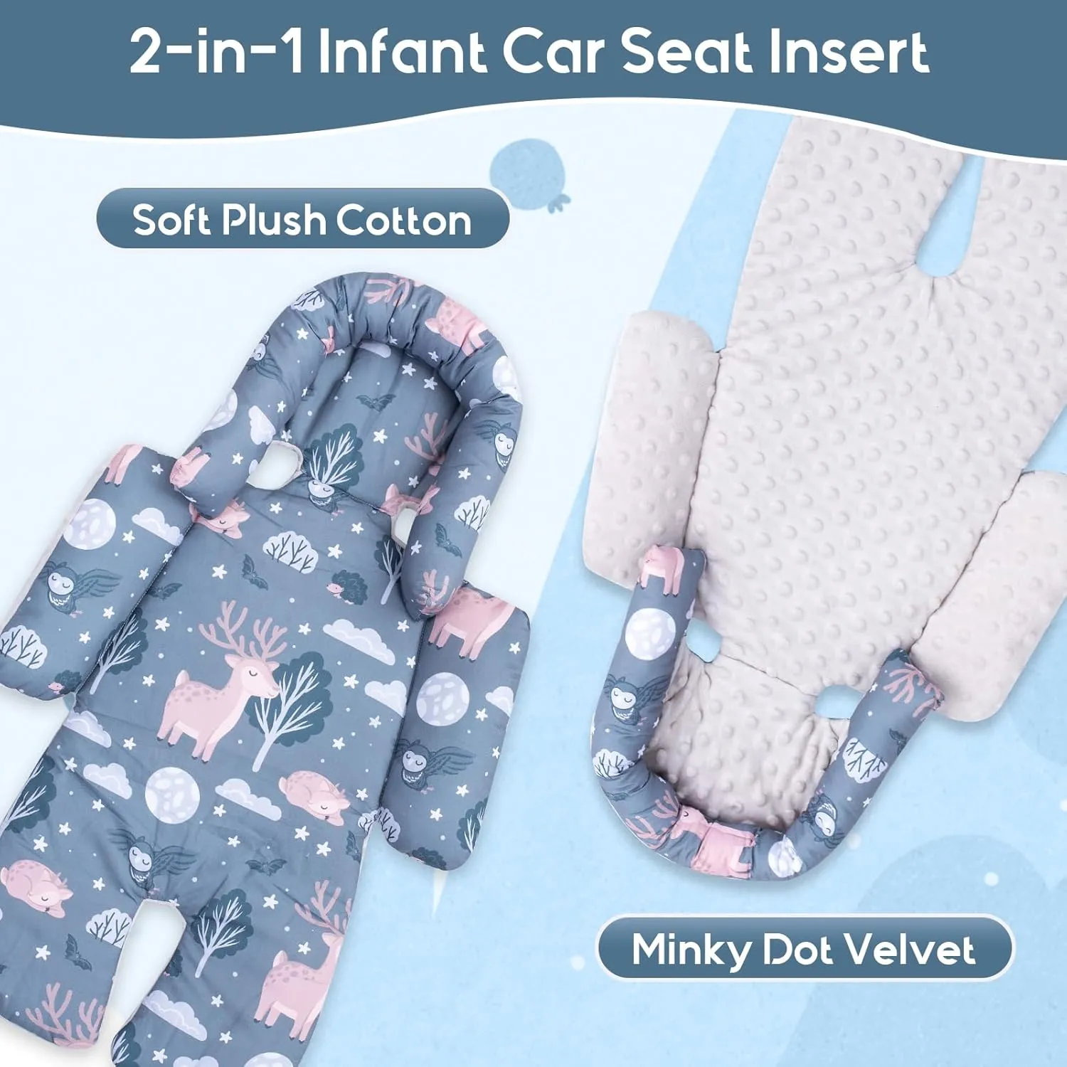 2-1 Thickened Carseat Head & Body Support for Infant, Mink Newborn Car Seat Insert with Strap Pads Protector, Adjustable Infant Car Seat Head Support for Girls Boys, Travel Car Seat Cushion for Baby