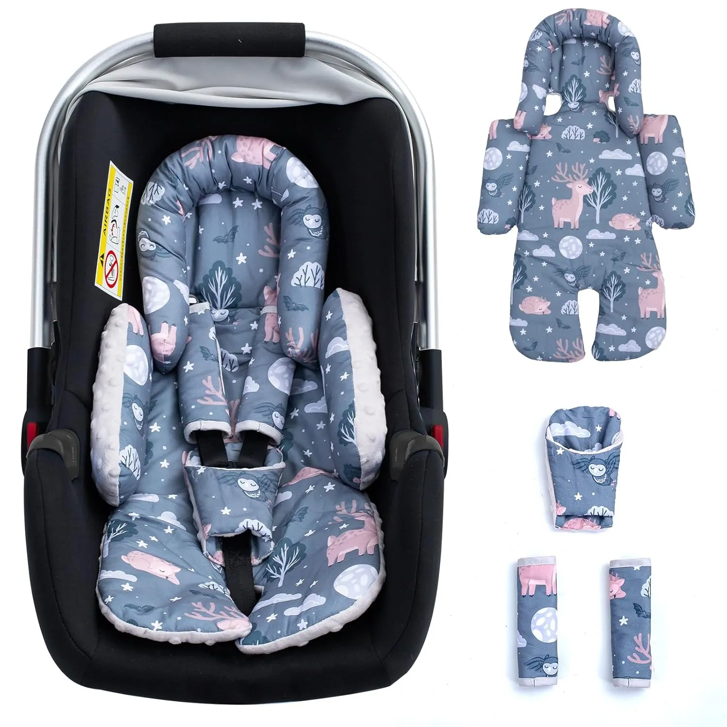 2-1 Thickened Carseat Head & Body Support for Infant, Mink Newborn Car Seat Insert with Strap Pads Protector, Adjustable Infant Car Seat Head Support for Girls Boys, Travel Car Seat Cushion for Baby