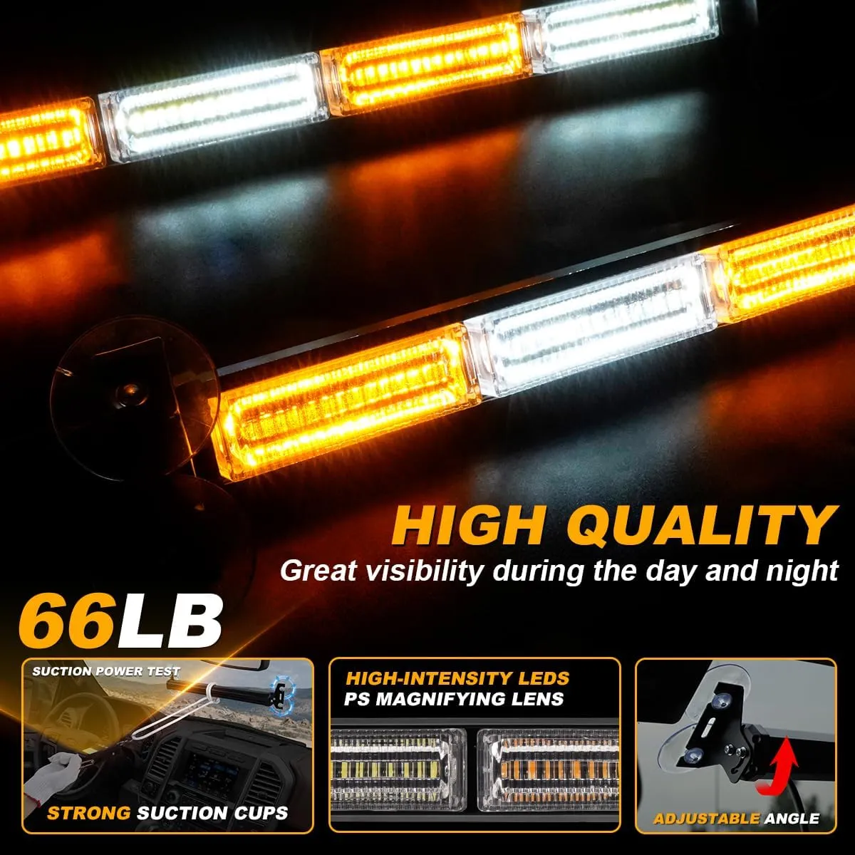 2 in 1 Emergency Strobe Traffic Advisor Light Bar Amber White Warning Hazard Safety Interior Windshield Dash Lights Emergency Lights for Trucks Construction 2x17.7, Amber/White