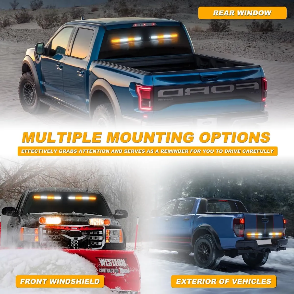 2 in 1 Emergency Strobe Traffic Advisor Light Bar Amber White Warning Hazard Safety Interior Windshield Dash Lights Emergency Lights for Trucks Construction 2x17.7, Amber/White