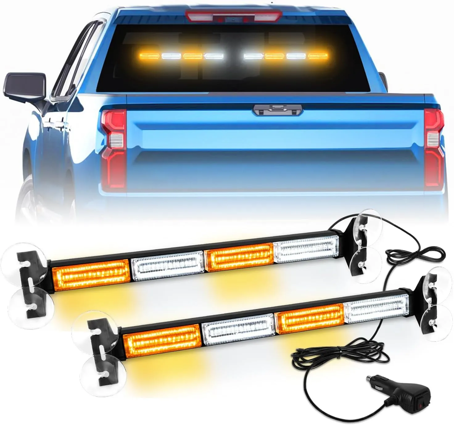 2 in 1 Emergency Strobe Traffic Advisor Light Bar Amber White Warning Hazard Safety Interior Windshield Dash Lights Emergency Lights for Trucks Construction 2x17.7, Amber/White