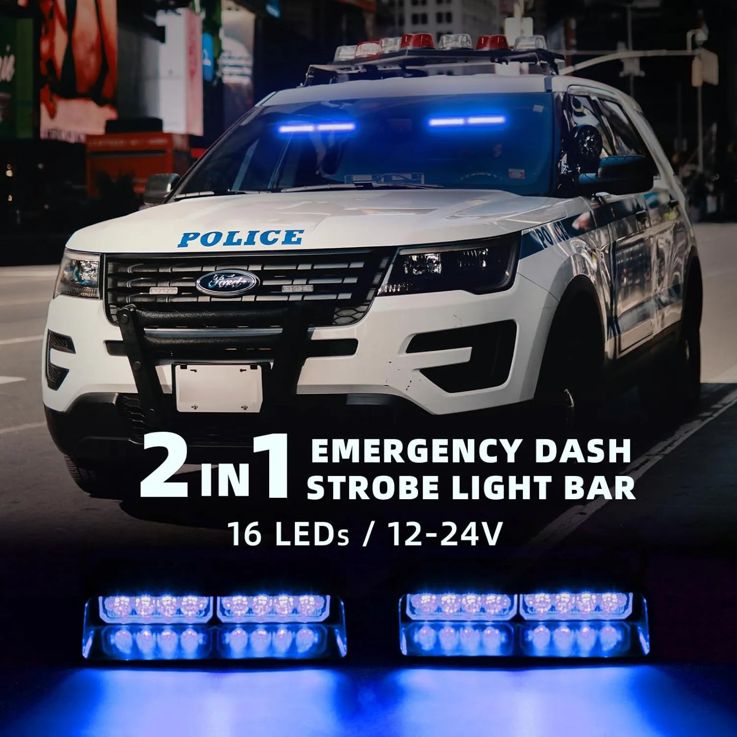 2 in 1 LED Emergency Dash Strobe Light Bar Front/Rear Windshield Safety Flashing Warning Hazard Interior Lights for Police Firefighter Construction Vehicles Trucks (2x7.5 inch, Blue/Blue)