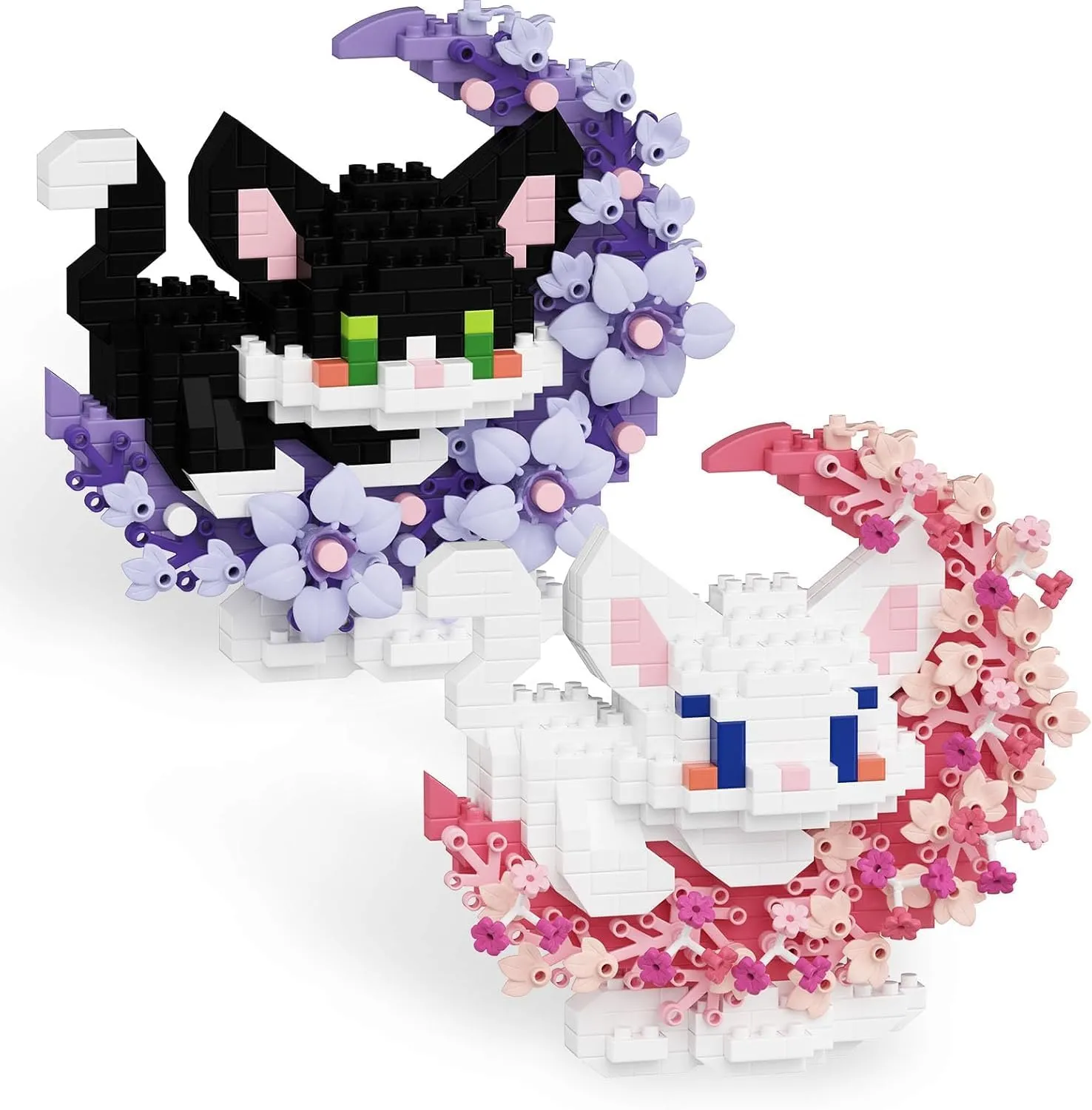 2 in 1 Mini Building Block Set Animals with Flower and Moon, Micro Brick Toy Cats, Creative Art Craft and Home Decor, Birthday Gifts Idea for Kids Adults Boys Girls 8 