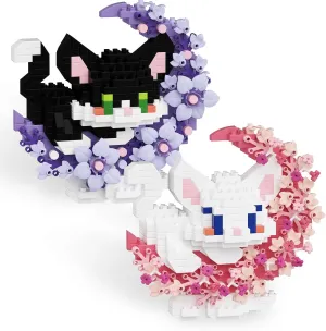 2 in 1 Mini Building Block Set Animals with Flower and Moon, Micro Brick Toy Cats, Creative Art Craft and Home Decor, Birthday Gifts Idea for Kids Adults Boys Girls 8 