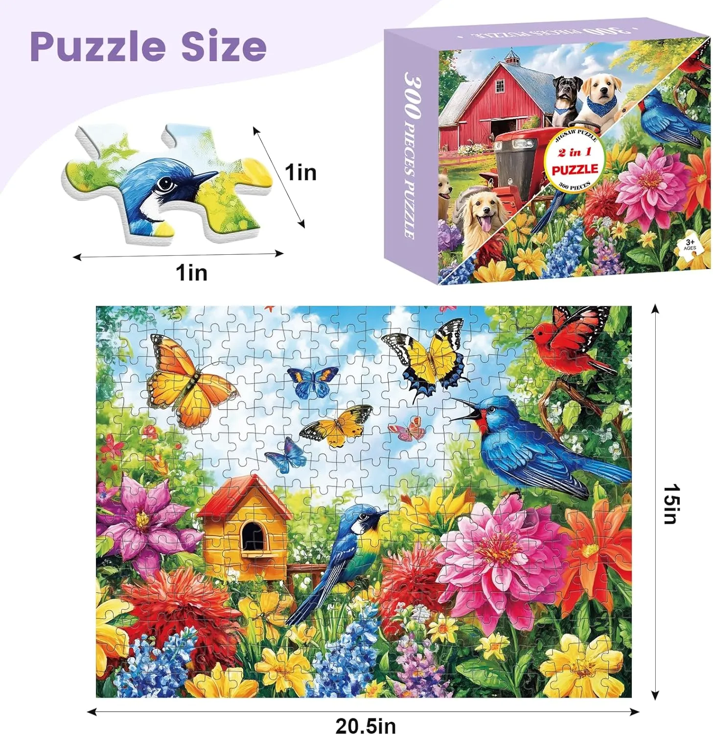 2-Pack 300 Pieces Puzzles for Kids, Farm Dog Puzzles 300 Pieces Spring Flowers Birds Jigsaw Puzzle for Adults, Large Piece Puzzle, Puzzle Toys for Boys and Girls, Family Activity Game Nights Gifts