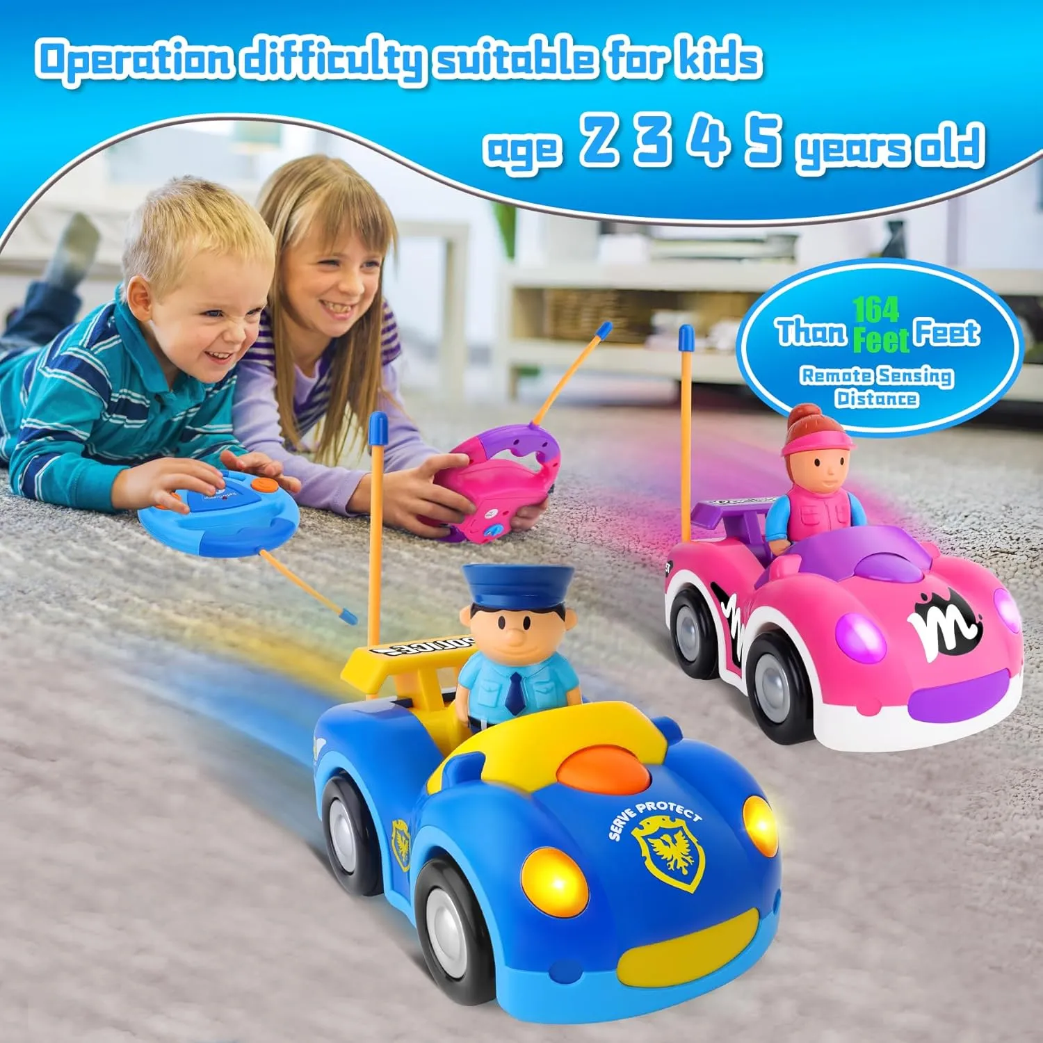 2 Pack Cartoon Remote Control Cars - Police Car & Race Car for Toddlers 2-4 Year RC Distance 164 Feet with LED Lights & Music, Toddler Remote Control Cars Ages 2-4 Boy Girl Christmas Birthday Gifts