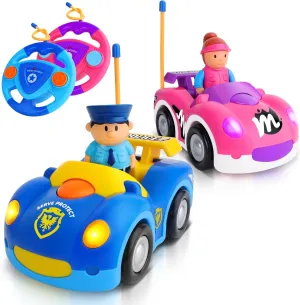 2 Pack Cartoon Remote Control Cars - Police Car & Race Car for Toddlers 2-4 Year RC Distance 164 Feet with LED Lights & Music, Toddler Remote Control Cars Ages 2-4 Boy Girl Christmas Birthday Gifts