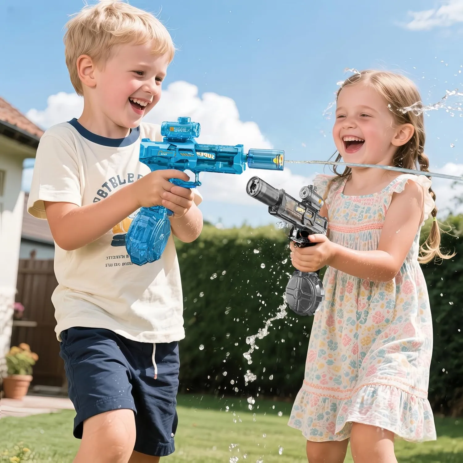 2 Pack Electric Water Gun with LED Light, Rechargeable Battery,Water Blaster Squirt Guns for Kids Adults Range Up to 32 ft,Outdoor Summer Water Toys (Black and Blue)