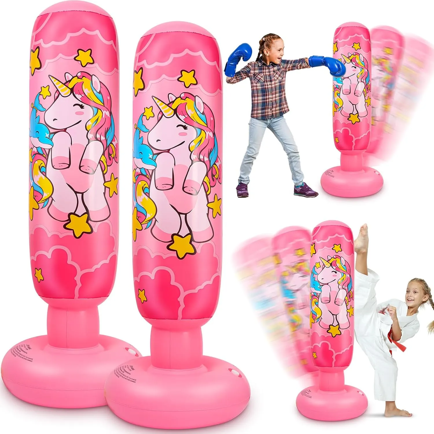 2 Pcs 47" Kids Punching Bag Girls Stable Inflatable Boxing Bag Unicorn Heavy Punch with Instant Bounce Back Movement Kids Workout Equipment Karate Gifts for Girls Karate Taekwond