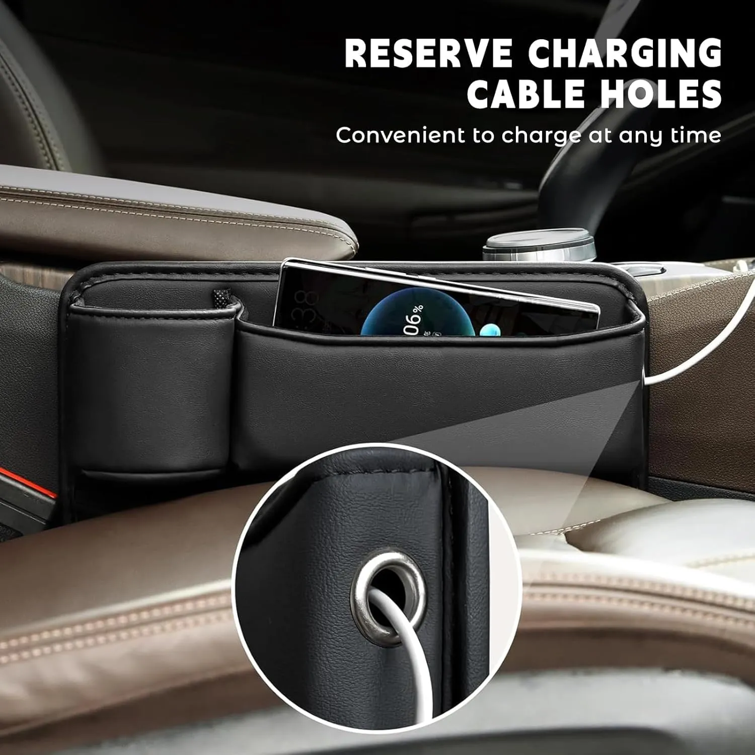 2024 Car Leather Cup Holder Gap Bag, Seat Gap Storage Box, Adjustable Car Seat Storage Box, Car Seat Gap Organizerwith Cup Holder, for Glasses Phones Keys and Cards (Driver Side Beige)