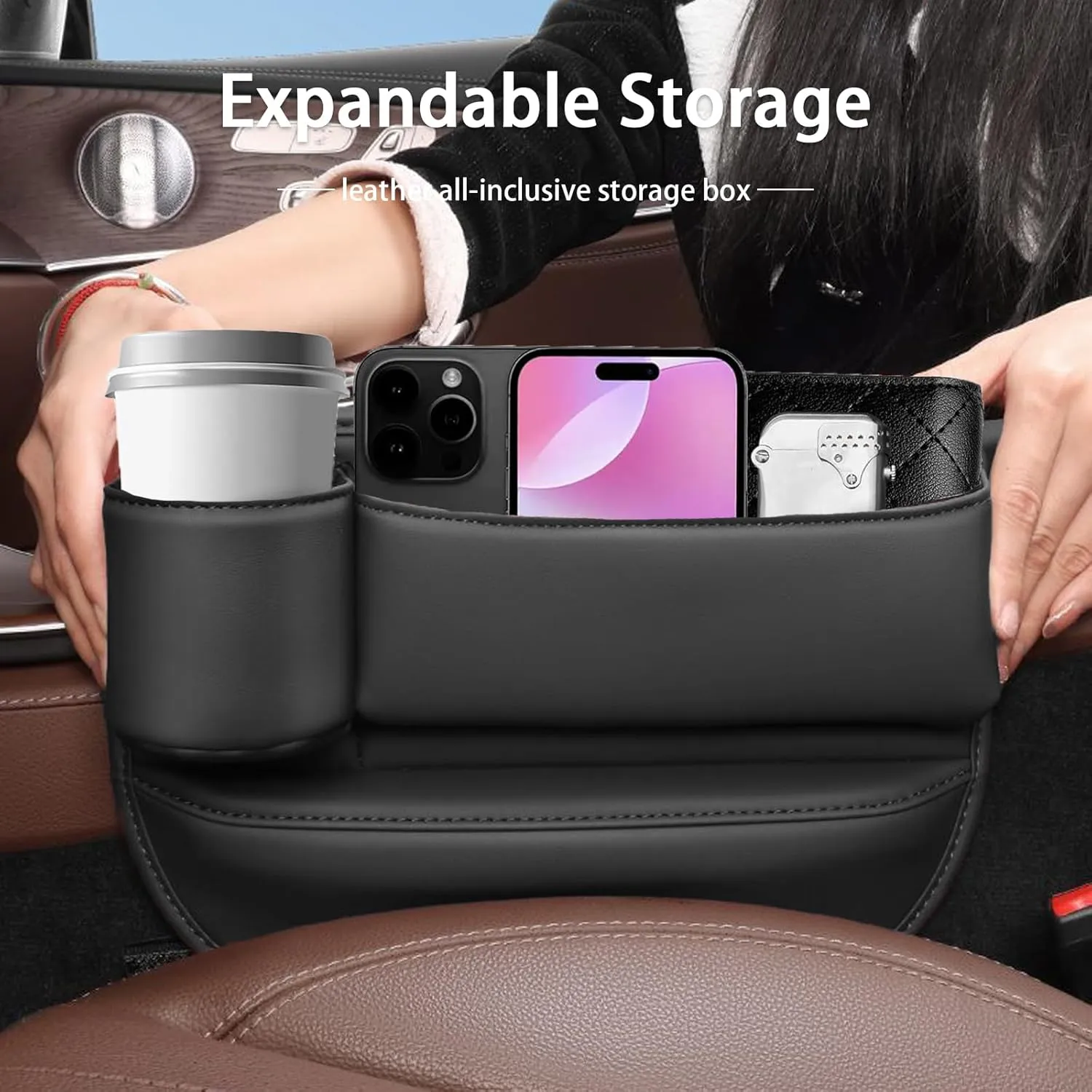 2024 Car Leather Cup Holder Gap Bag, Seat Gap Storage Box, Adjustable Car Seat Storage Box, Car Seat Gap Organizerwith Cup Holder, for Glasses Phones Keys and Cards (Driver Side Beige)