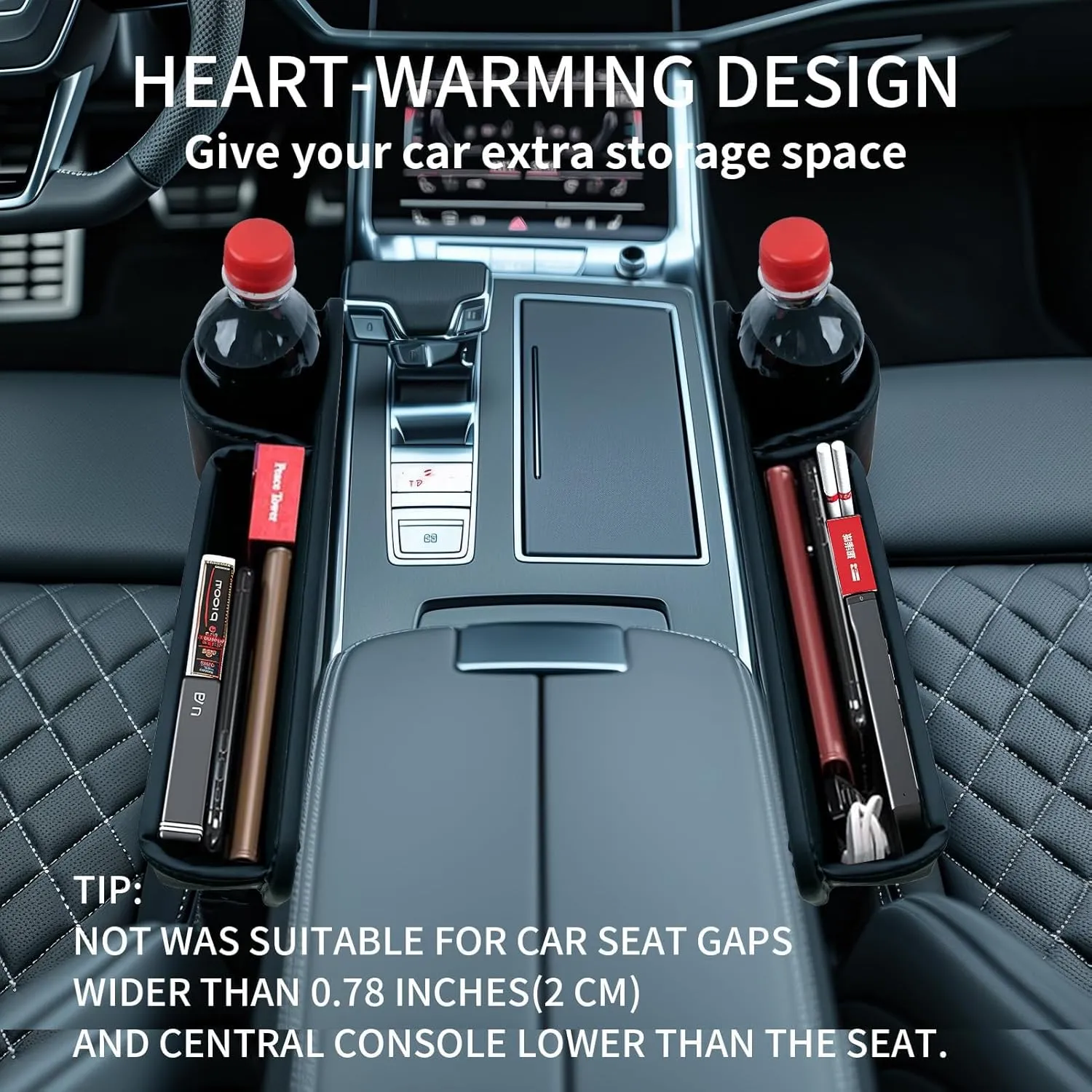 2024 Car Leather Cup Holder Gap Bag, Seat Gap Storage Box, Adjustable Car Seat Storage Box, Car Seat Gap Organizerwith Cup Holder, for Glasses Phones Keys and Cards (Driver Side Beige)