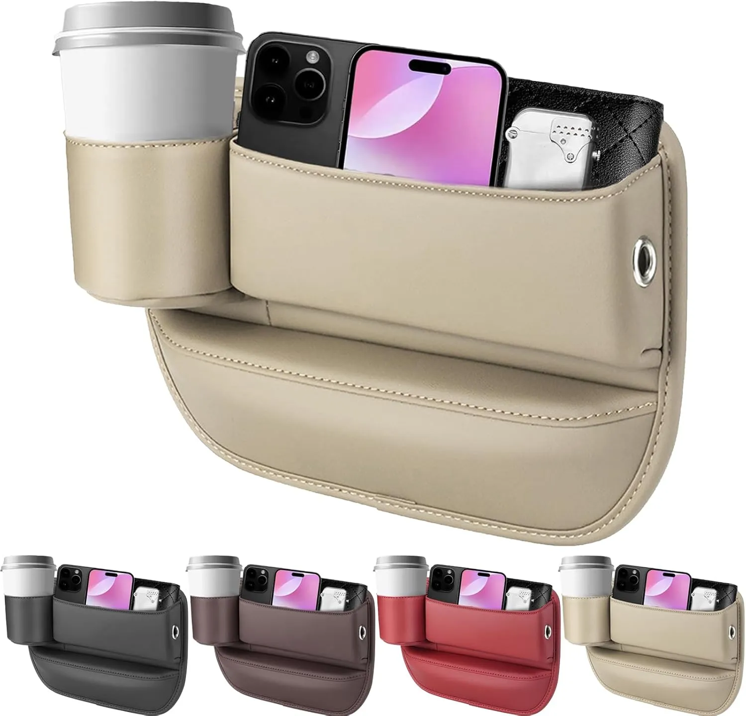 2024 Car Leather Cup Holder Gap Bag, Seat Gap Storage Box, Adjustable Car Seat Storage Box, Car Seat Gap Organizerwith Cup Holder, for Glasses Phones Keys and Cards (Driver Side Beige)