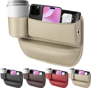 2024 Car Leather Cup Holder Gap Bag, Seat Gap Storage Box, Adjustable Car Seat Storage Box, Car Seat Gap Organizerwith Cup Holder, for Glasses Phones Keys and Cards (Driver Side Beige)