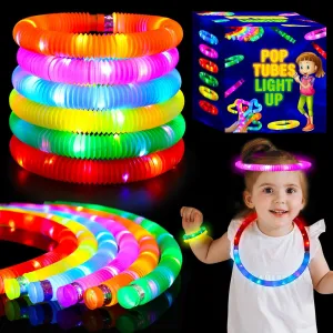 24 pcs Glow Sticks Camping Essentials for Kids, LED Light Up Pop Tubes/Bracelet Party Favors for Kids,Glow in The Dark Party Supplies,Halloween Birthday Gifts Xmas Stocking Goodie Bags Stuffers