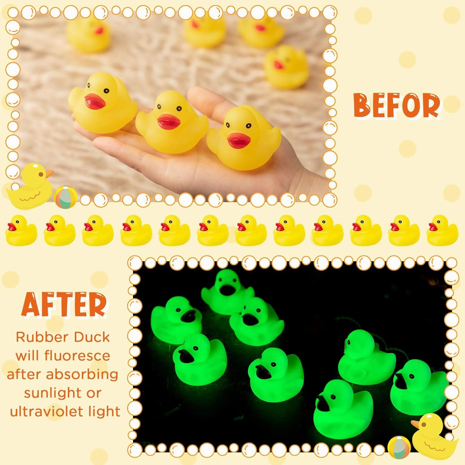 24 Pcs Glow in The Dark Rubber Ducks 2.2'' Luminous Mini Rubber Duck Fluorescent Tiny Light up Floating Squeaky Bathtub Toys for Baby Showers Summer Beach Pool Party Games (Yellow)