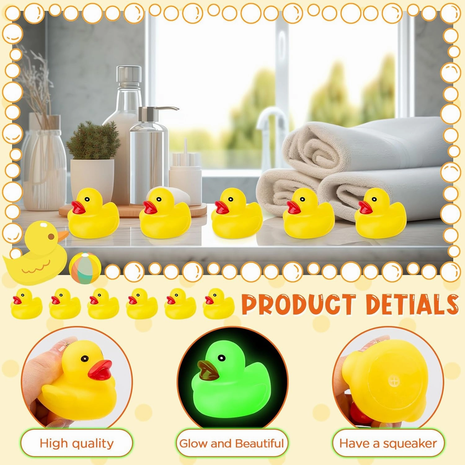 24 Pcs Glow in The Dark Rubber Ducks 2.2'' Luminous Mini Rubber Duck Fluorescent Tiny Light up Floating Squeaky Bathtub Toys for Baby Showers Summer Beach Pool Party Games (Yellow)