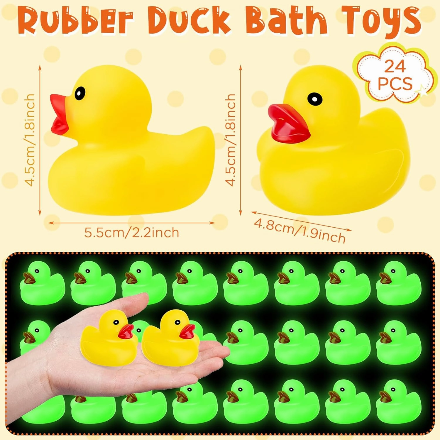 24 Pcs Glow in The Dark Rubber Ducks 2.2'' Luminous Mini Rubber Duck Fluorescent Tiny Light up Floating Squeaky Bathtub Toys for Baby Showers Summer Beach Pool Party Games (Yellow)