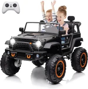 24V 2 Seater Ride On Car, Electric Truck for Big Kids Ages 3-8, Ride On Toy with 5.5MPH Max Speed, Remote Control, Accelerator Pedal, Treaded Tires, Steering Wheel, Music and Story, Black