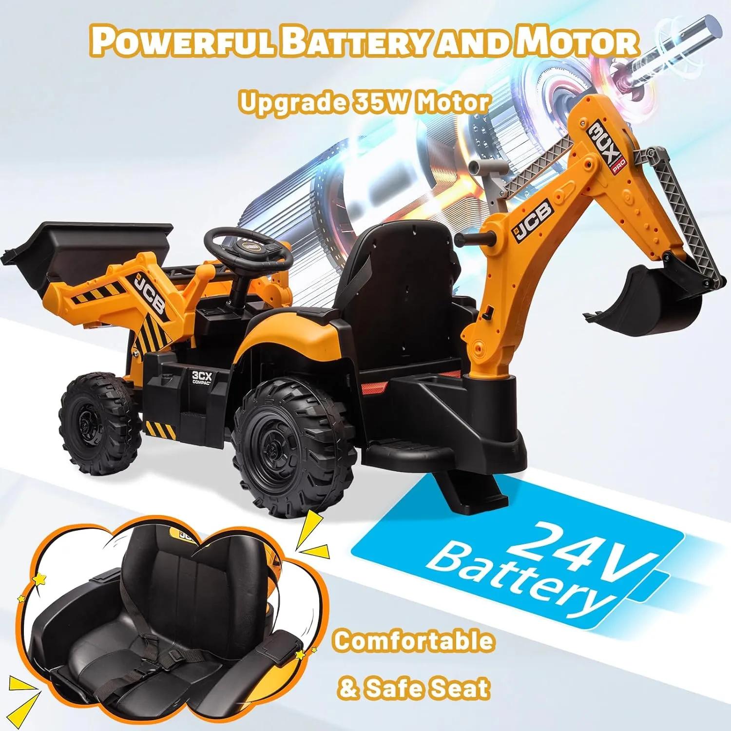 24V JCB Ride on Excavator, Ride on Toys for Big Kids with Remote Control,Battery Powered Car w/Tractor, Bulldozer, Digging Arm, Ride on Car with Slow Start/Stop, Adjustable Speeds (Excavator, Yellow)