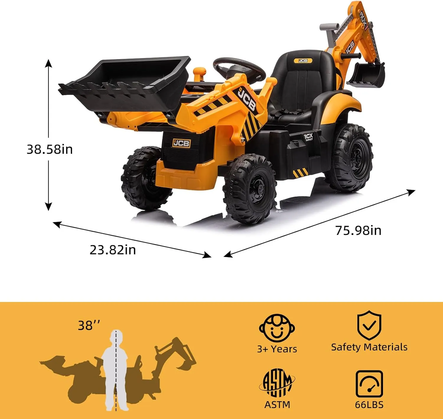 24V JCB Ride on Excavator, Ride on Toys for Big Kids with Remote Control,Battery Powered Car w/Tractor, Bulldozer, Digging Arm, Ride on Car with Slow Start/Stop, Adjustable Speeds (Excavator, Yellow)