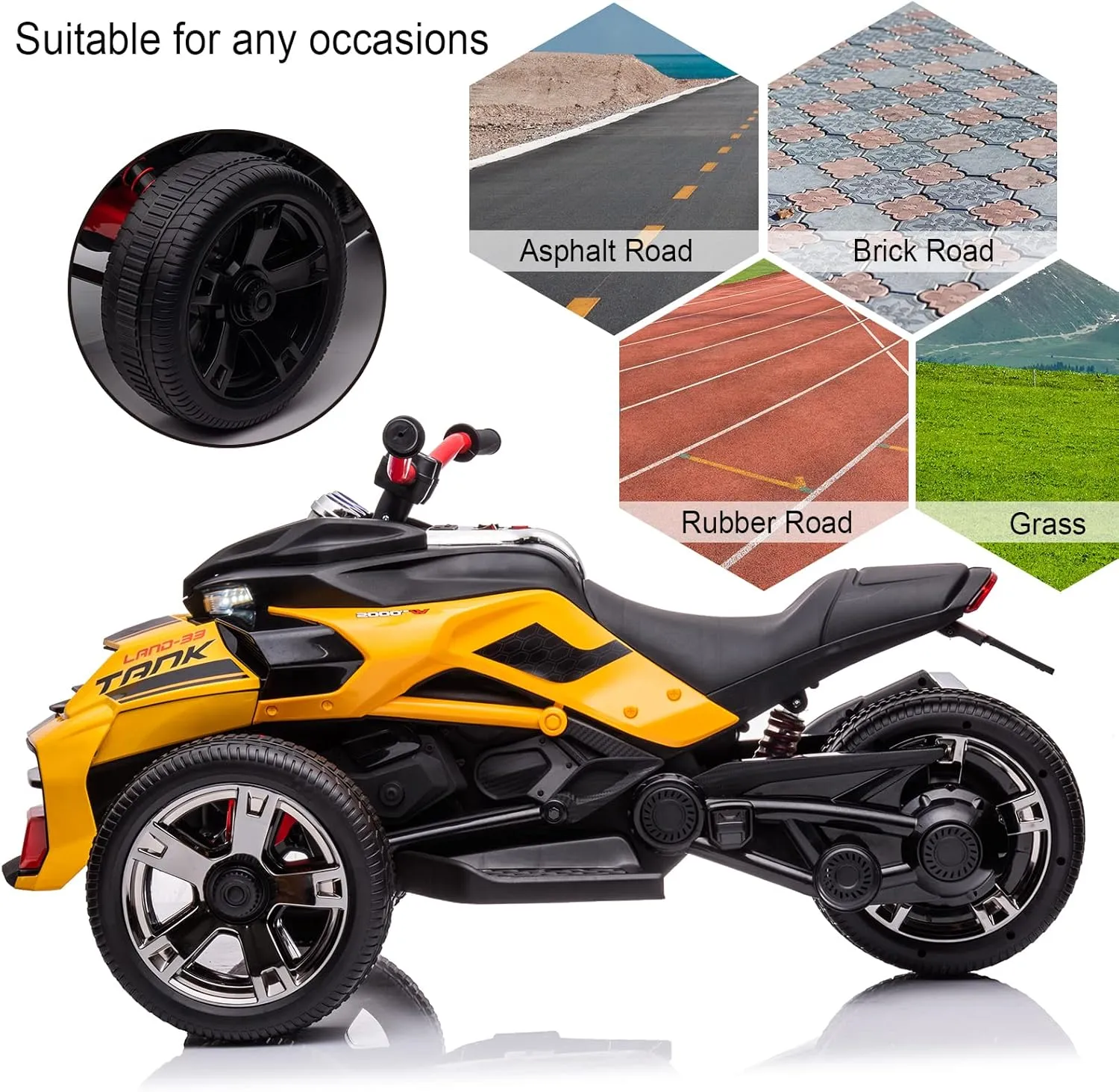 24V Kids Electric Motorcycle, 3 Wheels 2 Speed Battery Powered Toys with Headlights and Music, Ride on Toys for Big Kids,Gifts for Boys and Girls (Yellow)