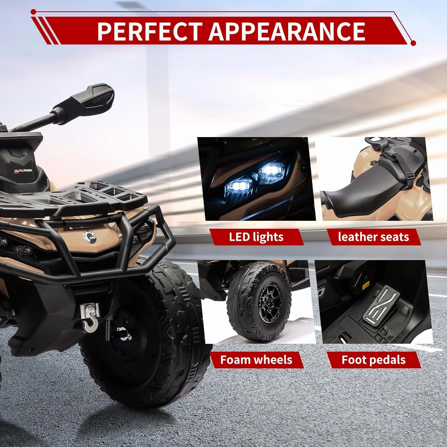 24V Kids Ride On Car,2 Seater Licensed Can-Am Electric ATV Car for Kids,4 Wheeler 4WD Ride On Electric Toy Car with Bluetooth,Led,3 Speeds,Leather Seats,Brown