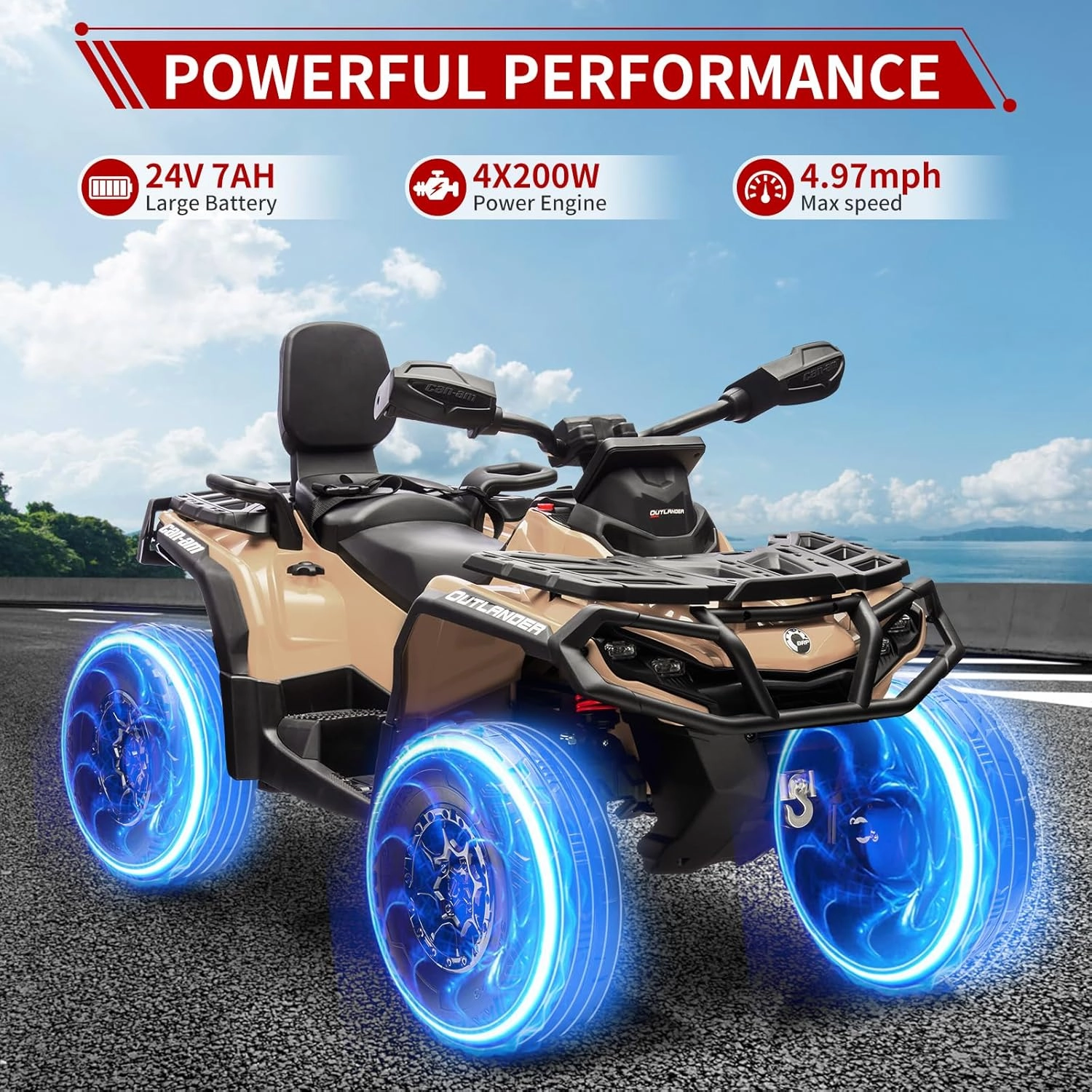 24V Kids Ride On Car,2 Seater Licensed Can-Am Electric ATV Car for Kids,4 Wheeler 4WD Ride On Electric Toy Car with Bluetooth,Led,3 Speeds,Leather Seats,Brown