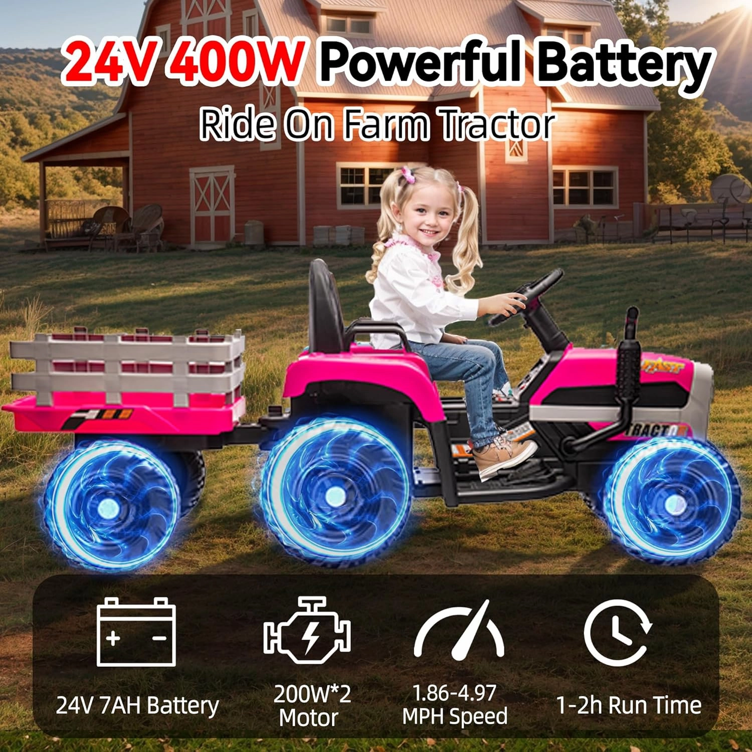 24V Ride on Tractor with Trailer, Electric Tractor Toy for Kids, 400W Motor Ride on Car W/Remote Control, Kid's Electric Car with 3 Speed Adjustable, USB, MP3, Bluetooth, LED Light, Rose Red
