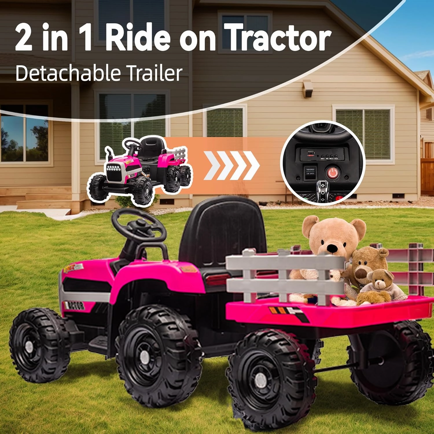 24V Ride on Tractor with Trailer, Electric Tractor Toy for Kids, 400W Motor Ride on Car W/Remote Control, Kid's Electric Car with 3 Speed Adjustable, USB, MP3, Bluetooth, LED Light, Rose Red