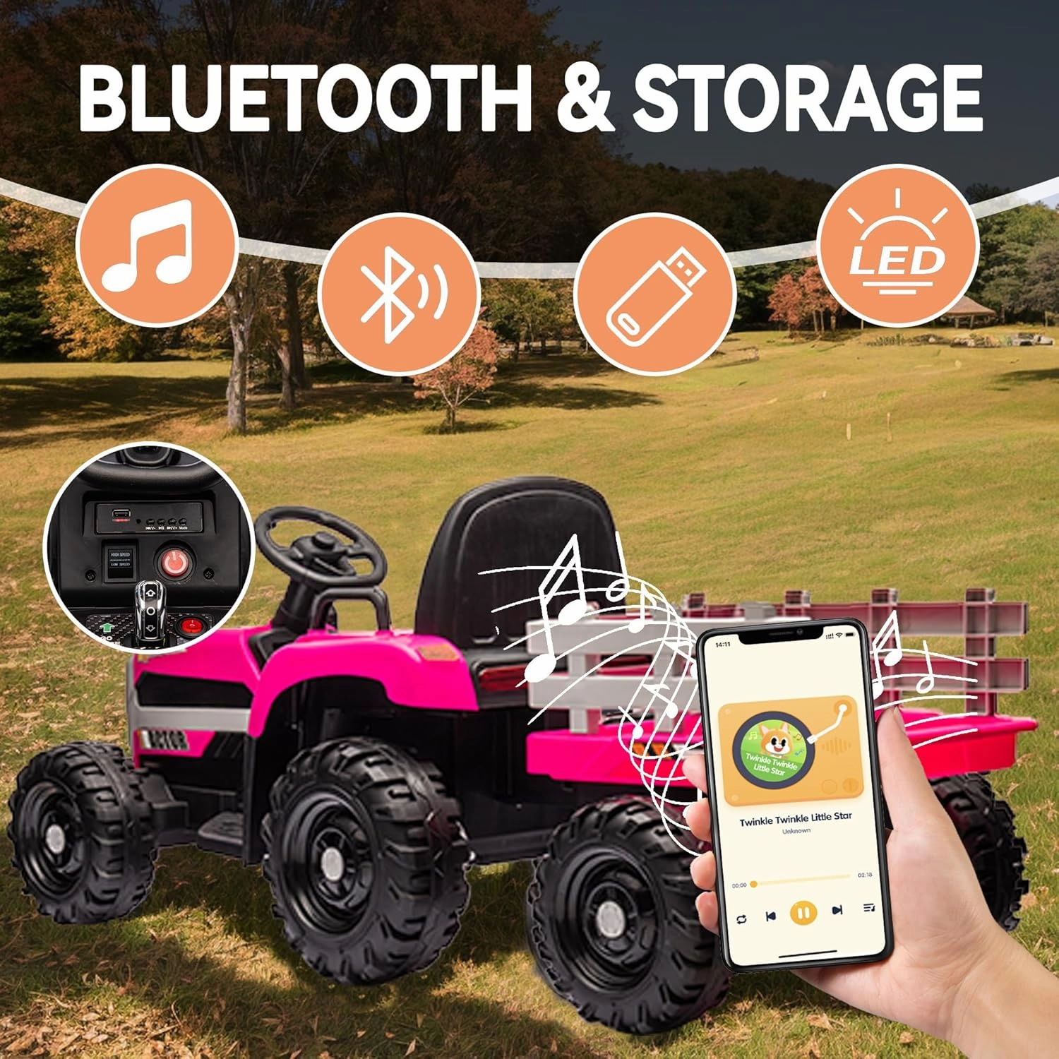 24V Ride on Tractor with Trailer, Electric Tractor Toy for Kids, 400W Motor Ride on Car W/Remote Control, Kid's Electric Car with 3 Speed Adjustable, USB, MP3, Bluetooth, LED Light, Rose Red