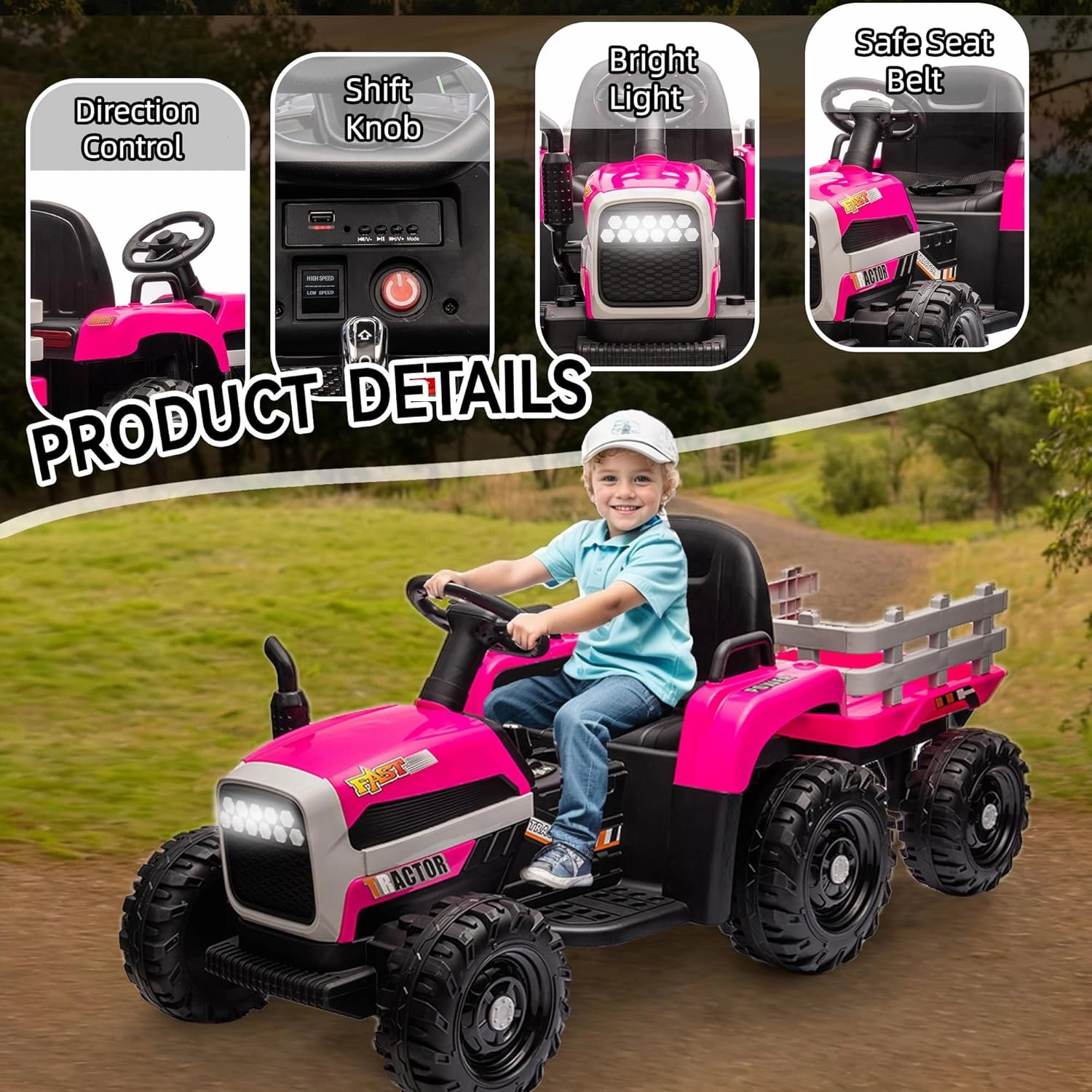 24V Ride on Tractor with Trailer, Electric Tractor Toy for Kids, 400W Motor Ride on Car W/Remote Control, Kid's Electric Car with 3 Speed Adjustable, USB, MP3, Bluetooth, LED Light, Rose Red