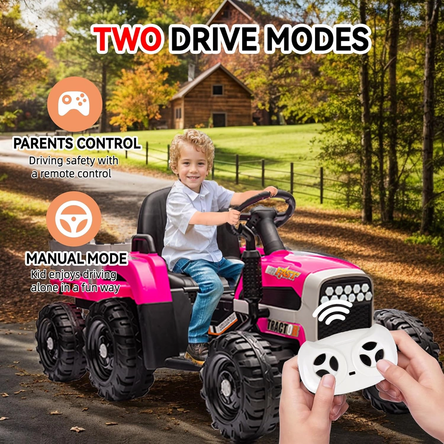 24V Ride on Tractor with Trailer, Electric Tractor Toy for Kids, 400W Motor Ride on Car W/Remote Control, Kid's Electric Car with 3 Speed Adjustable, USB, MP3, Bluetooth, LED Light, Rose Red