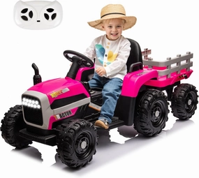 24V Ride on Tractor with Trailer, Electric Tractor Toy for Kids, 400W Motor Ride on Car W/Remote Control, Kid's Electric Car with 3 Speed Adjustable, USB, MP3, Bluetooth, LED Light, Rose Red