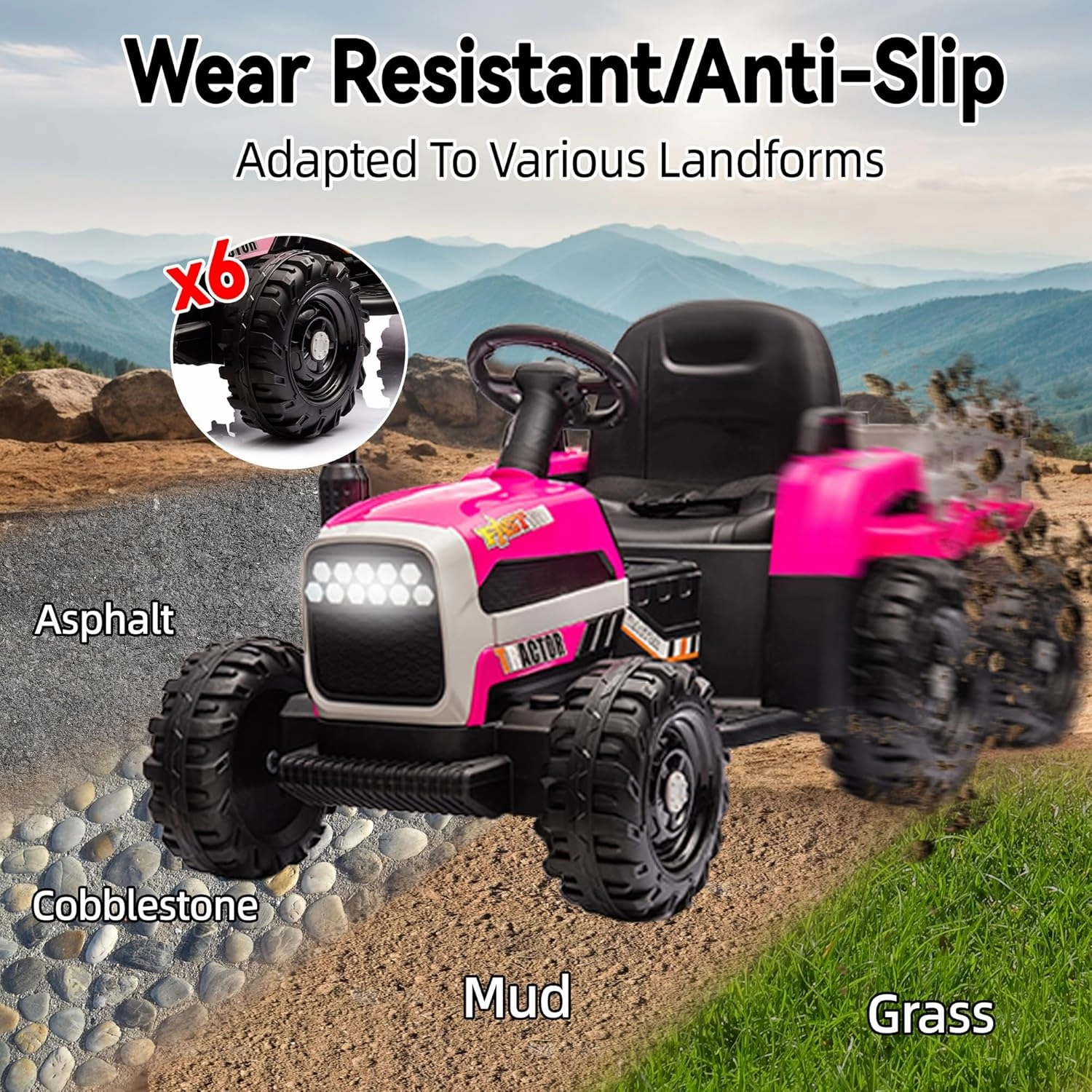 24V Ride on Tractor with Trailer, Electric Tractor Toy for Kids, 400W Motor Ride on Car W/Remote Control, Kid's Electric Car with 3 Speed Adjustable, USB, MP3, Bluetooth, LED Light, Rose Red