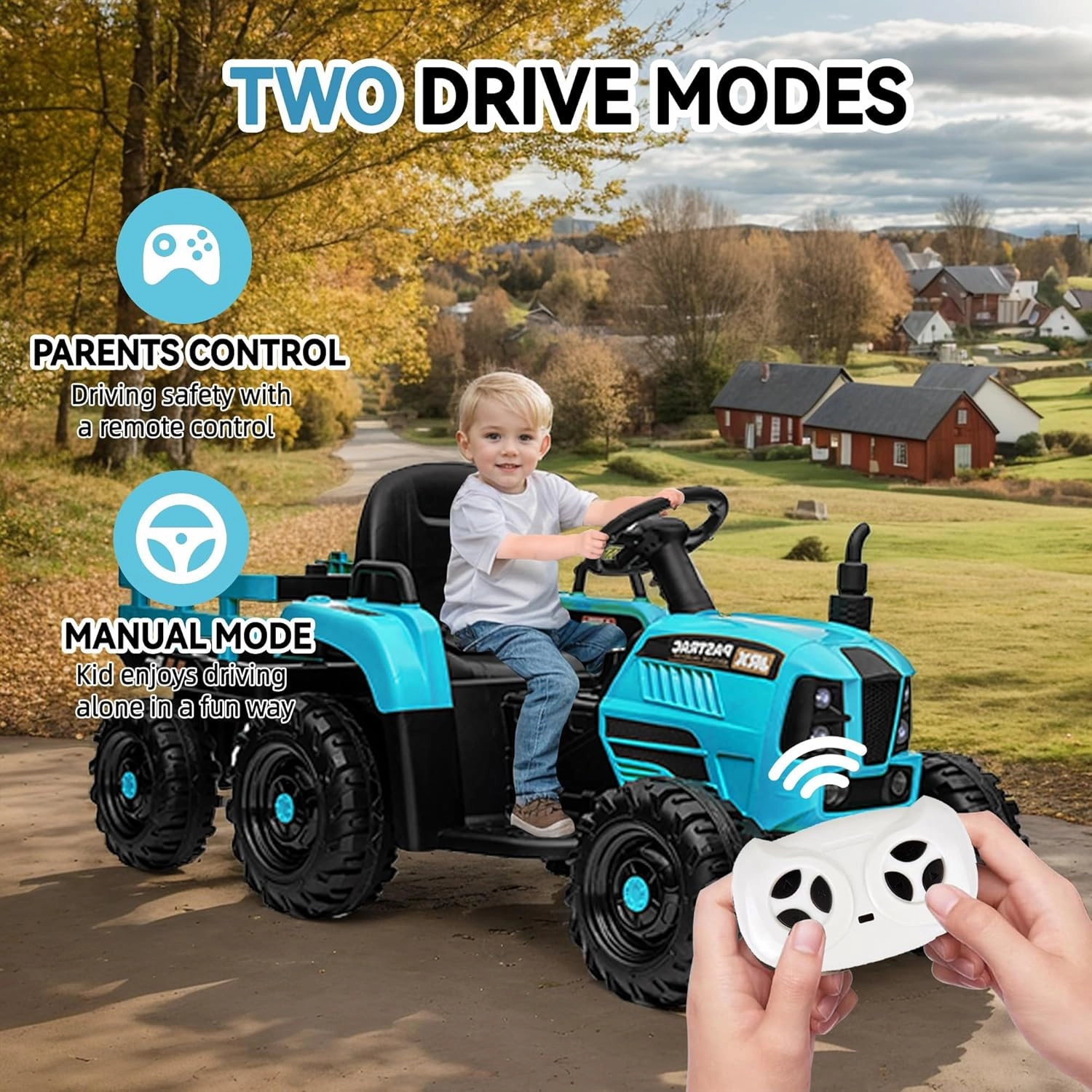 24V Ride on Tractor with Trailer, Electric Tractor Toy for Kids, 400W Toddler Ride On Toy W/Remote Control, Kid's Electric Car with 3 Speed Adjustable, MP3, Bluetooth, LED Light, Blue
