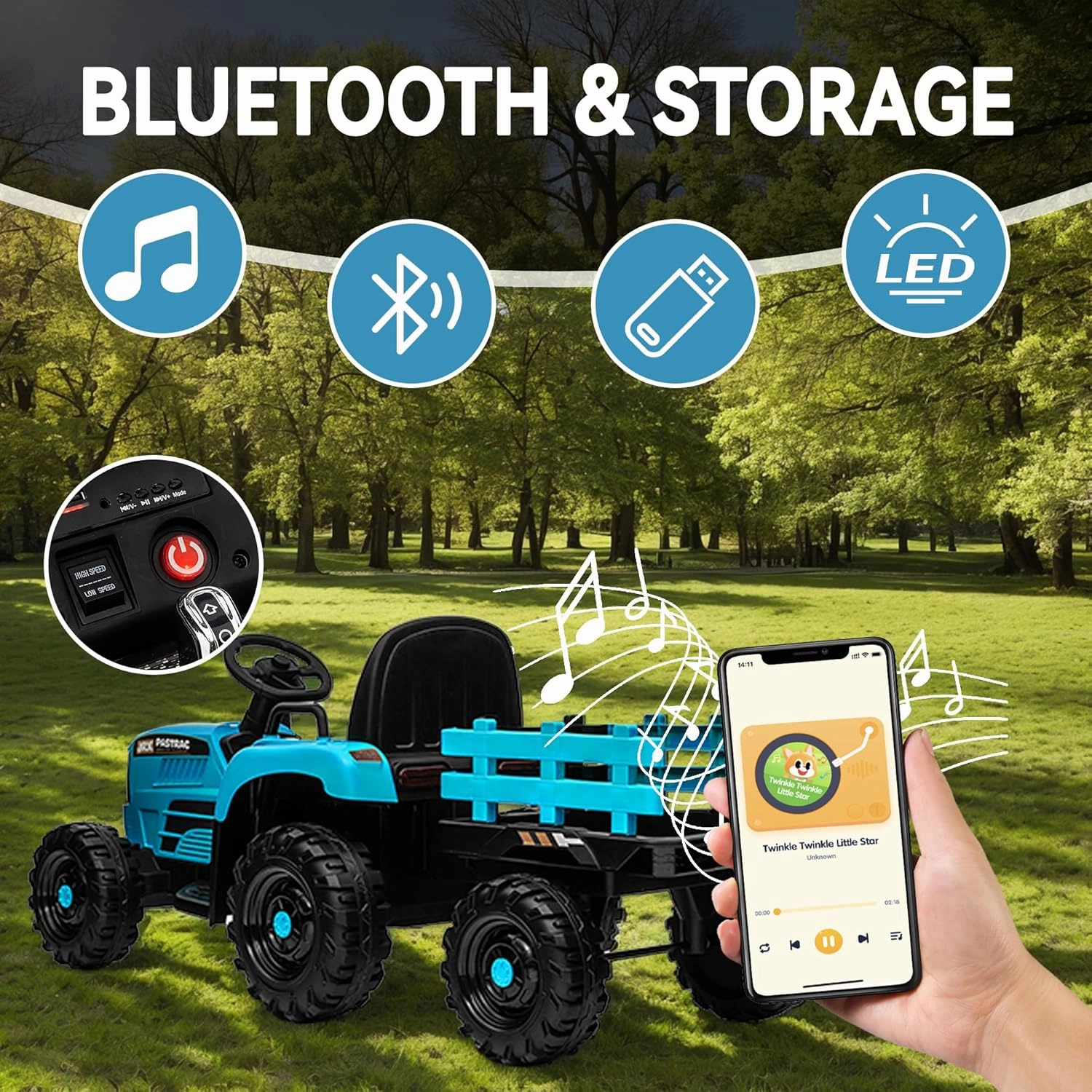 24V Ride on Tractor with Trailer, Electric Tractor Toy for Kids, 400W Toddler Ride On Toy W/Remote Control, Kid's Electric Car with 3 Speed Adjustable, MP3, Bluetooth, LED Light, Blue