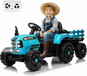 24V Ride on Tractor with Trailer, Electric Tractor Toy for Kids, 400W Toddler Ride On Toy W/Remote Control, Kid's Electric Car with 3 Speed Adjustable, MP3, Bluetooth, LED Light, Blue
