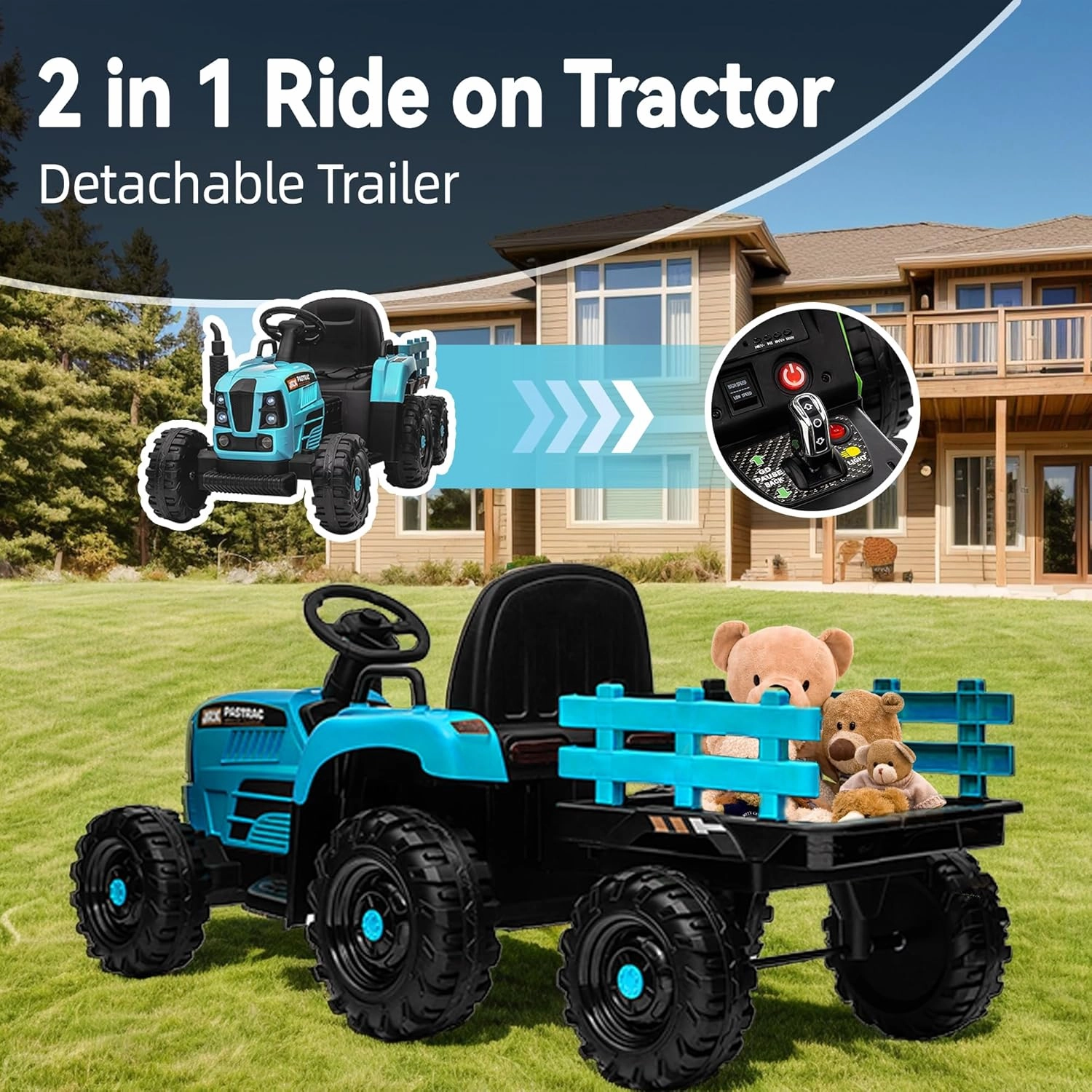 24V Ride on Tractor with Trailer, Electric Tractor Toy for Kids, 400W Toddler Ride On Toy W/Remote Control, Kid's Electric Car with 3 Speed Adjustable, MP3, Bluetooth, LED Light, Blue