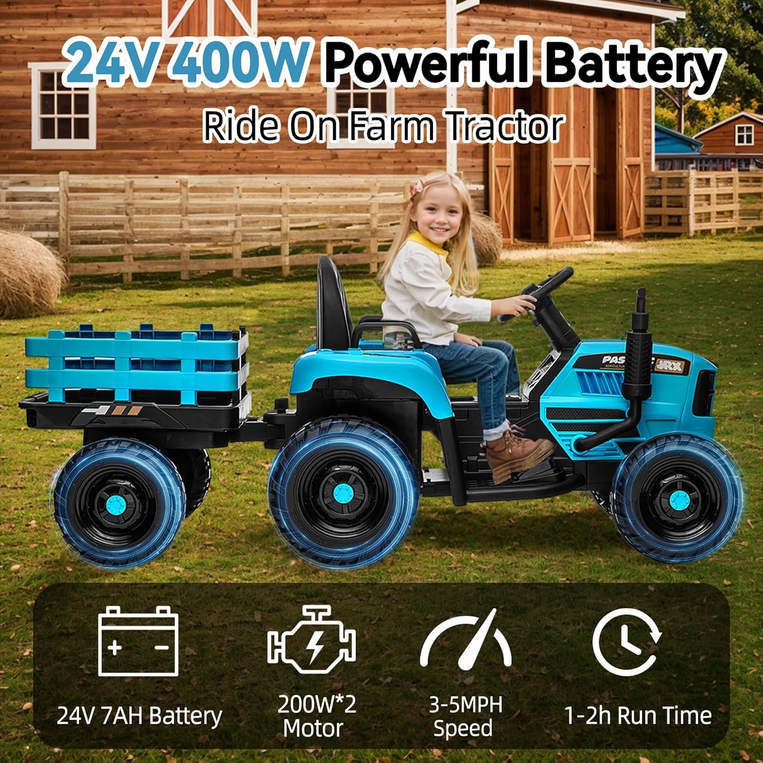 24V Ride on Tractor with Trailer, Electric Tractor Toy for Kids, 400W Toddler Ride On Toy W/Remote Control, Kid's Electric Car with 3 Speed Adjustable, MP3, Bluetooth, LED Light, Blue