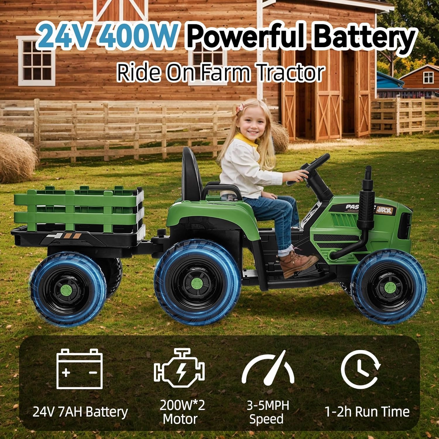 24V Ride on Tractor with Trailer, Electric Tractor Toy for Kids, 400W Toddler Ride On Toy W/Remote Control, Kid's Electric Car with 3 Speed Adjustable, MP3, Bluetooth, LED Light, Emerald