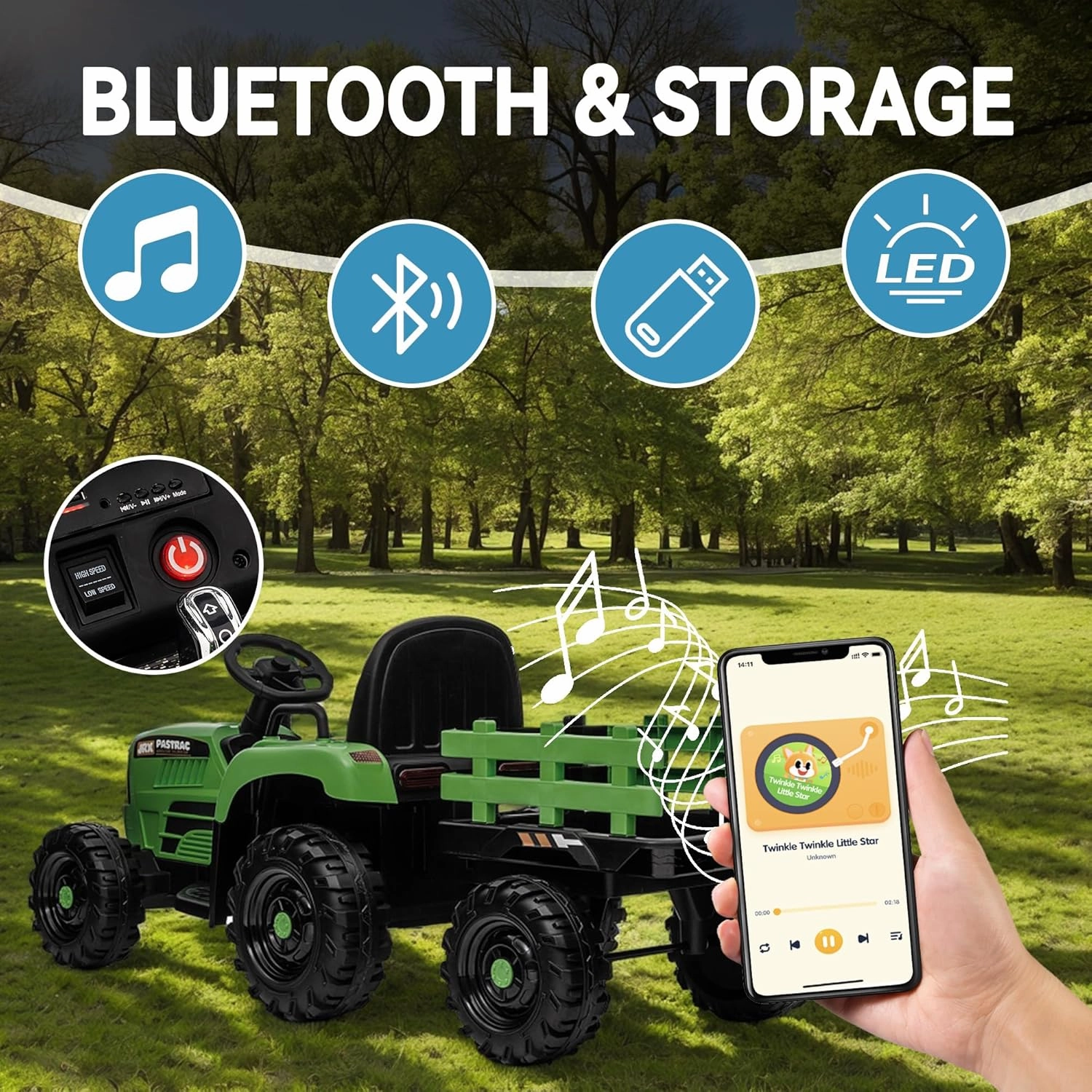 24V Ride on Tractor with Trailer, Electric Tractor Toy for Kids, 400W Toddler Ride On Toy W/Remote Control, Kid's Electric Car with 3 Speed Adjustable, MP3, Bluetooth, LED Light, Emerald