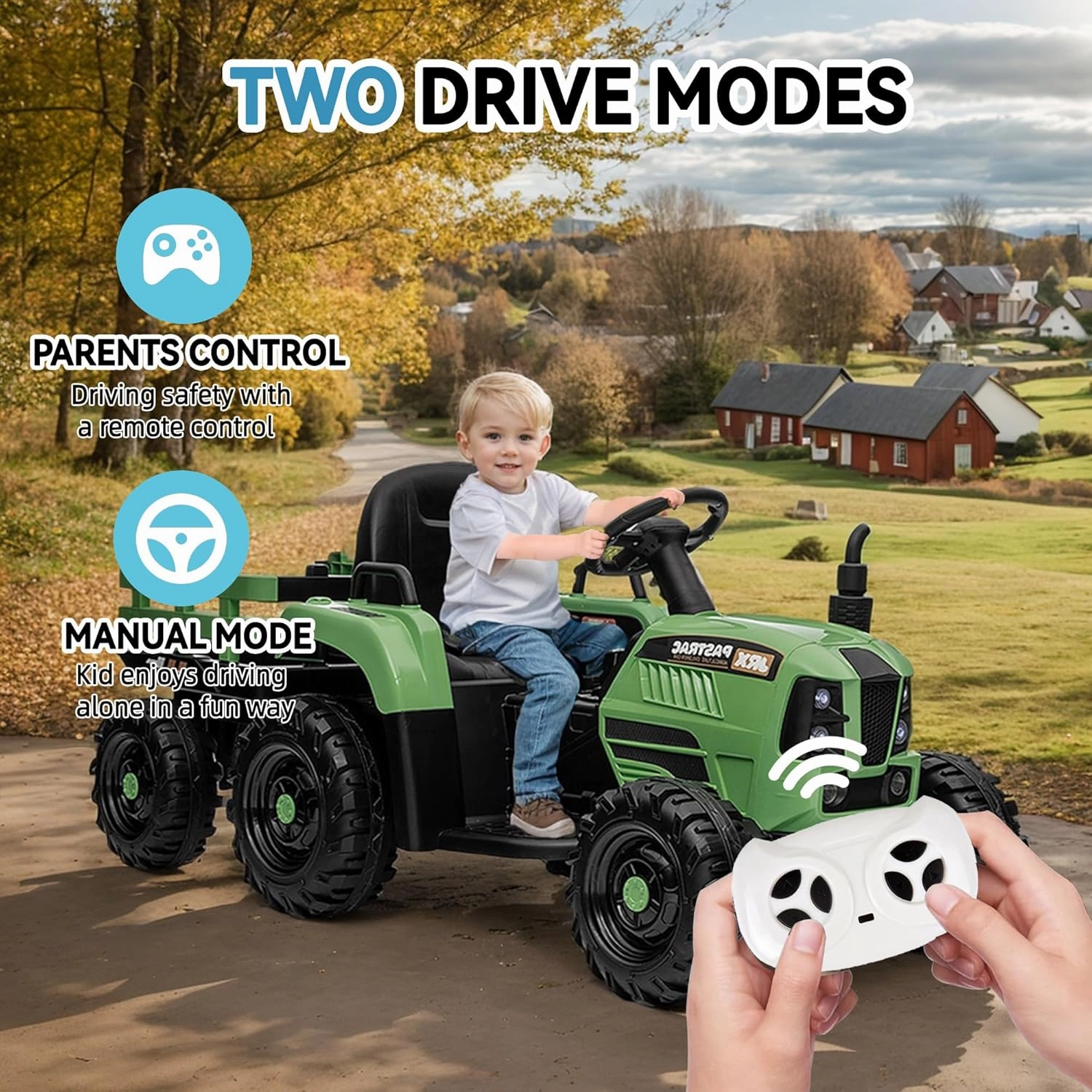 24V Ride on Tractor with Trailer, Electric Tractor Toy for Kids, 400W Toddler Ride On Toy W/Remote Control, Kid's Electric Car with 3 Speed Adjustable, MP3, Bluetooth, LED Light, Emerald