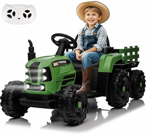 24V Ride on Tractor with Trailer, Electric Tractor Toy for Kids, 400W Toddler Ride On Toy W/Remote Control, Kid's Electric Car with 3 Speed Adjustable, MP3, Bluetooth, LED Light, Emerald