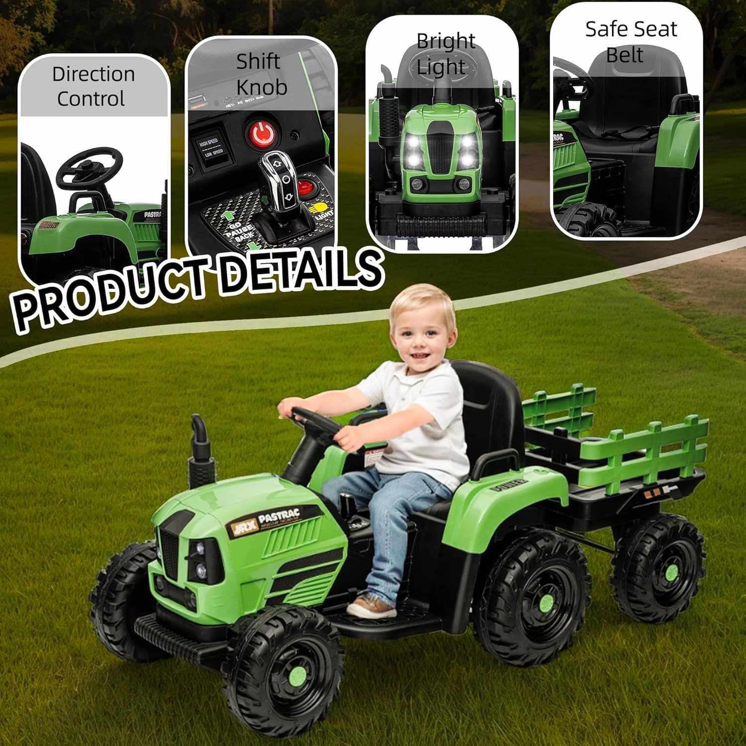 24V Ride on Tractor with Trailer, Electric Tractor Toy for Kids, 400W Toddler Ride On Toy W/Remote Control, Kid's Electric Car with 3 Speed Adjustable, MP3, Bluetooth, LED Light, Emerald