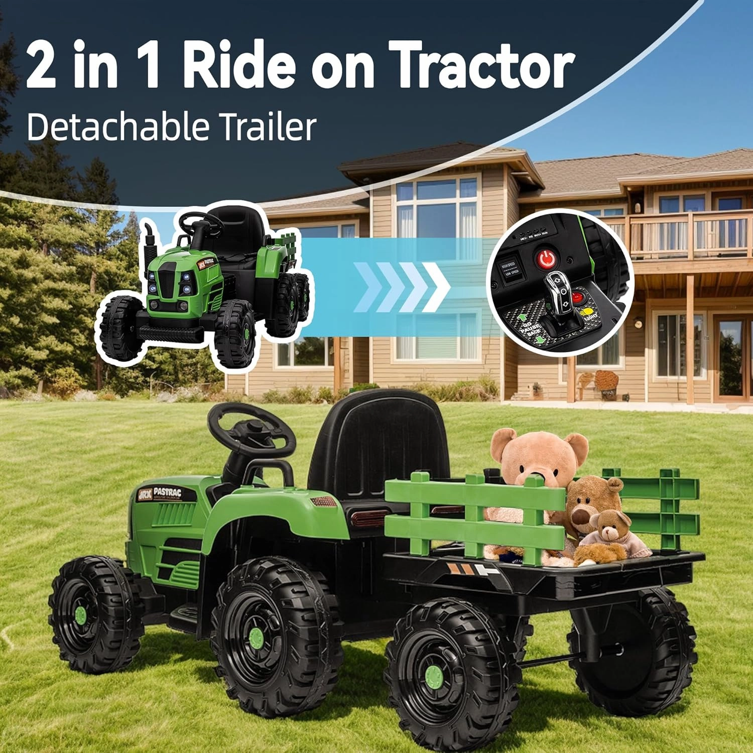 24V Ride on Tractor with Trailer, Electric Tractor Toy for Kids, 400W Toddler Ride On Toy W/Remote Control, Kid's Electric Car with 3 Speed Adjustable, MP3, Bluetooth, LED Light, Emerald