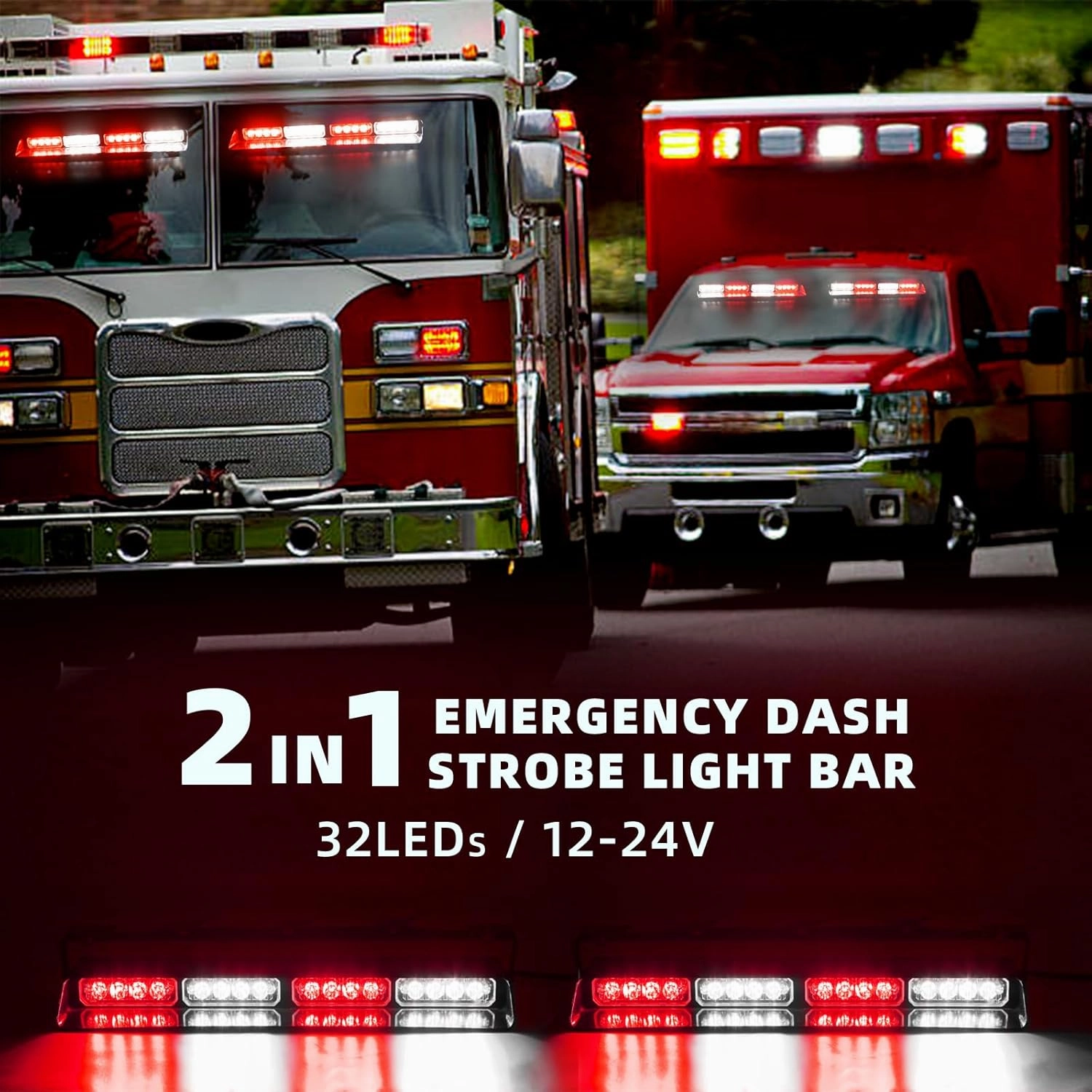 2 in 1 LED Emergency Dash Strobe Light Bar Front/Rear Windshield Safety Flashing Warning Hazard Interior Lights for Police Firefighter Construction Vehicles Trucks (2x14 inch, Red/White)