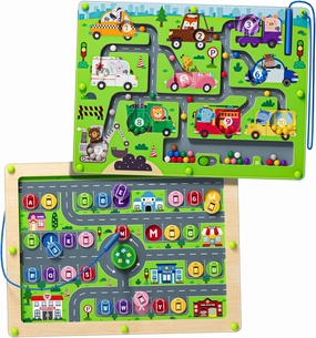 2 in 1 Magnetic Maze Board Car Maze Double Sided Magnet Alphabet Color and Number Sorting Educational Puzzle Montessori Toys for 3-5 Age Boys and Girls